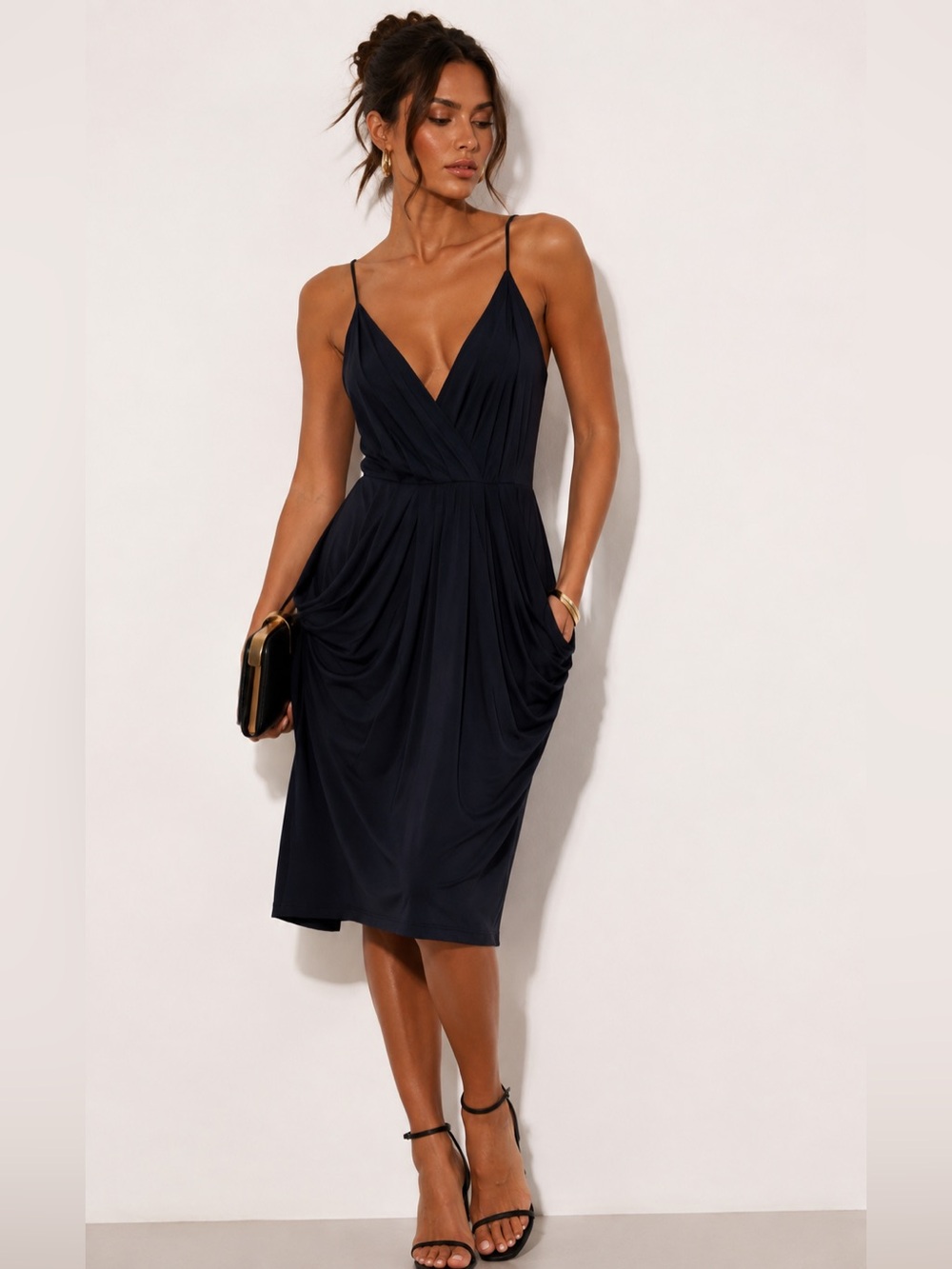 BCBG V-Neck Sleeveless Wrap Midi Dress Racerback Evening Cocktail Date Blue